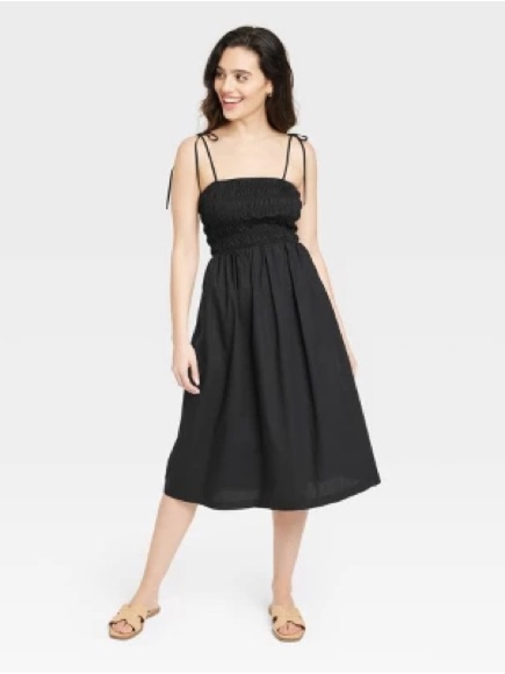 A New Day Smocked Tie-Strap Midi Dress - Black